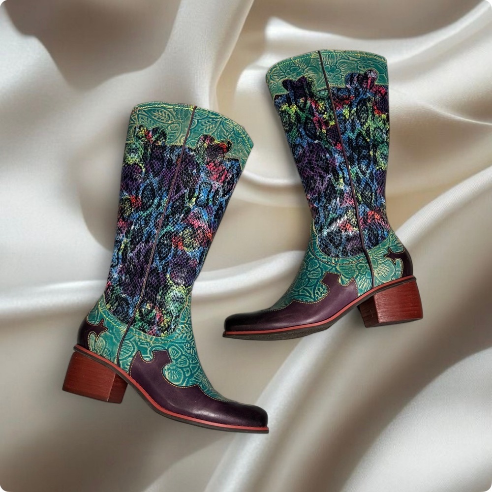 L'Artiste by Spring Step Rodeo Boots – Turquoise Multi Leather Western Boots 38